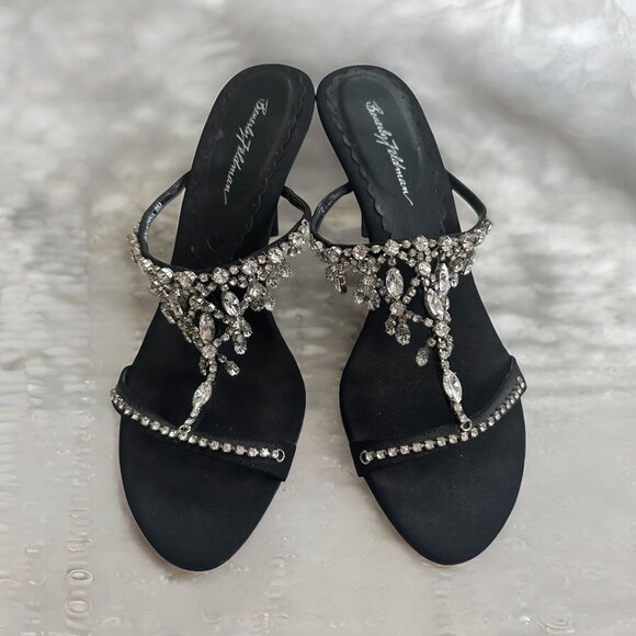 BEVERLY FELDMAN Rhinestone Black Satin Jeweled Sandals Heels Size 9 - Picture 1 of 12